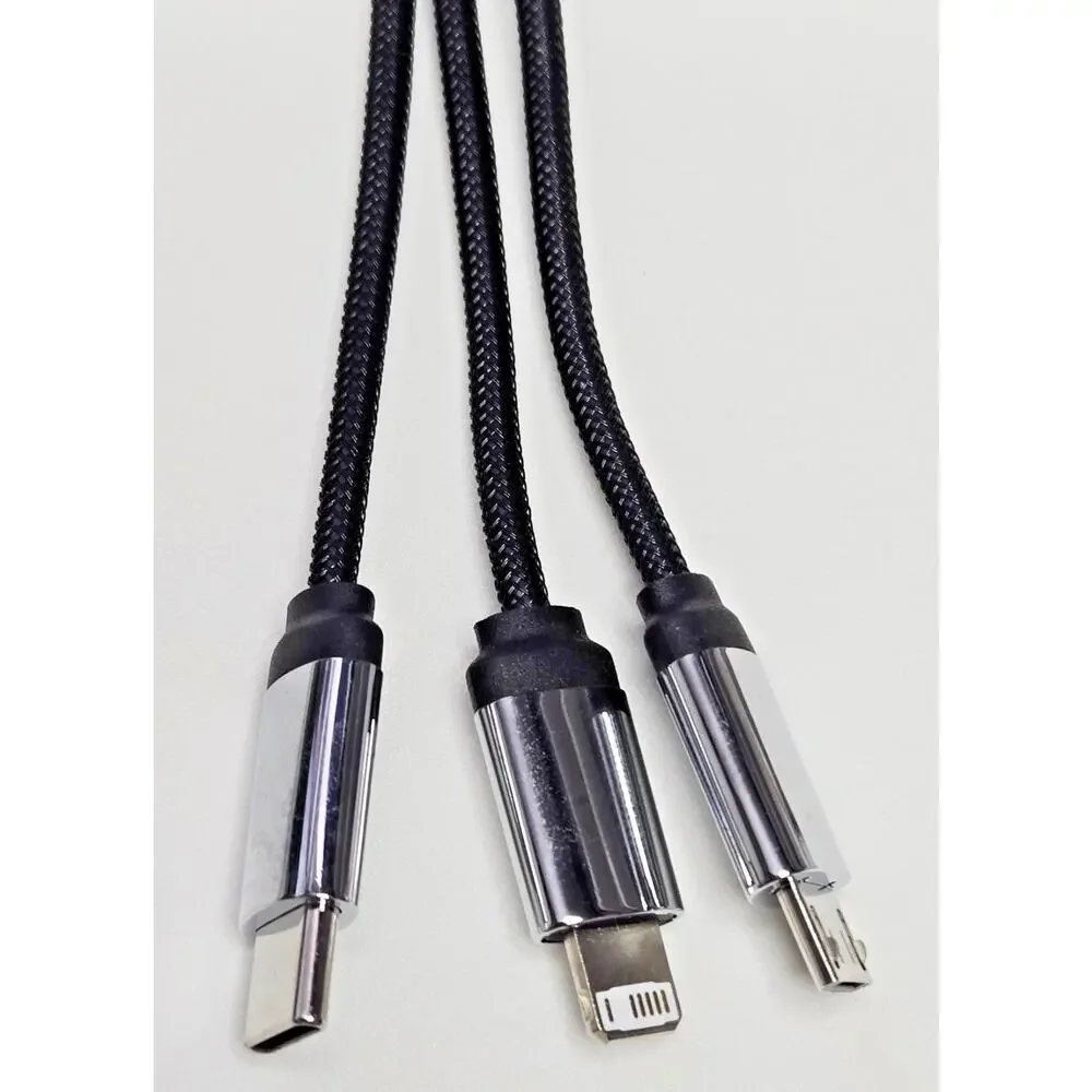 3-in-1 USB Charging Cable Hub Braided | USB-C 8-Pin Micro-USB | Overstock Black